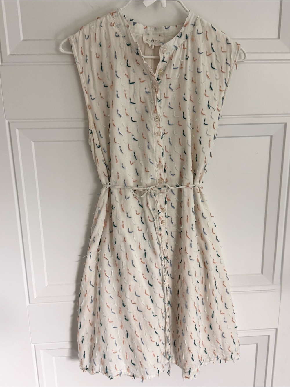LOFT Lou & Grey Cream Button-Front Shirtdress with Teal & Peach Tassel Print, M